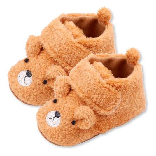 Zapatos cálidos ovejeros con diseño de osito para bebé, con suela antideslizante, hechos en material resistente e hipoalergénico, cómodo cierre ajustable en velcro