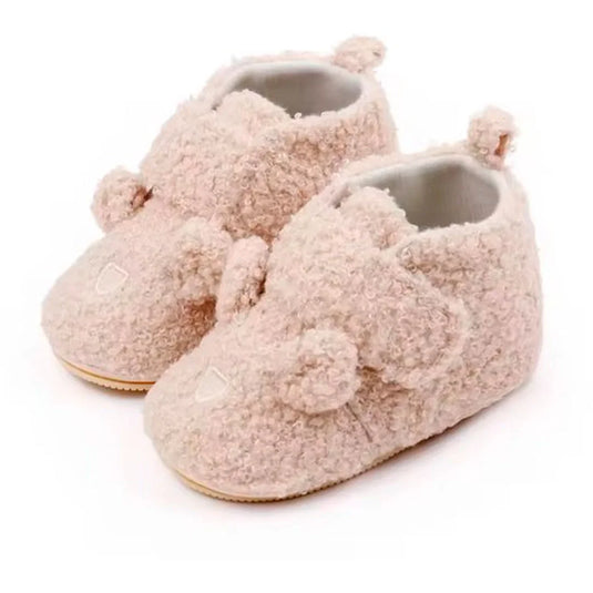 Zapatos cálidos ovejeros con diseño de osito para bebé, con suela antideslizante, hechos en material resistente e hipoalergénico, cómodo cierre ajustable en velcro