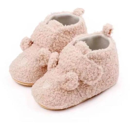 Zapatos cálidos ovejeros con diseño de osito para bebé, con suela antideslizante, hechos en material resistente e hipoalergénico, cómodo cierre ajustable en velcro