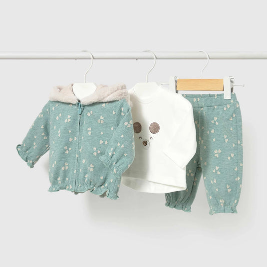 Conjunto 3pz chaqueta con capucha de borreguito, camiseta bordada y pantalón estampado, color Mineral vigoré - Mayoral