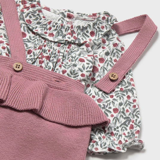 Conjunto 3pz camiseta floral, chaqueta tejida calada y overall - Mayoral
