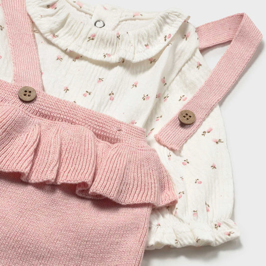 Conjunto 3pz camiseta floral, chaqueta tejida con flor crochet y overall - Mayoral