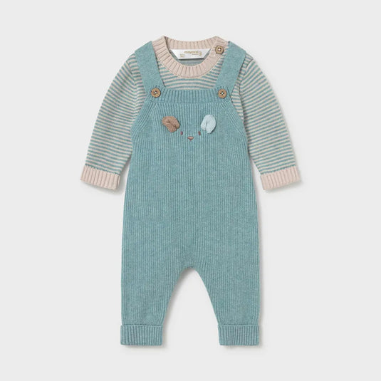 Conjunto 2pz overall tejido con carita de oso y buzo a rayas Mineral Vigoré - Mayoral