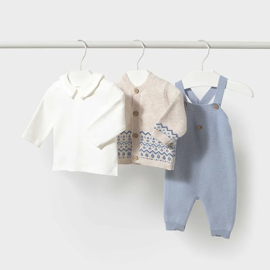 Conjunto 3pz cárdigan con jacquard, camisa y overall tejido Cielo - Mayoral