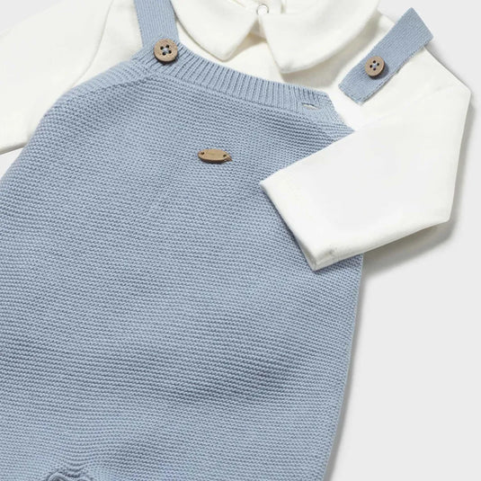 Conjunto 3pz cárdigan con jacquard, camisa y overall tejido Cielo - Mayoral