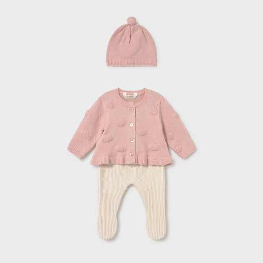 Conjunto 3pz rebeca tejida con textura de nudos, gorro a juego y pantalón con pie bicolor, color Nude vigoré - Mayoral
