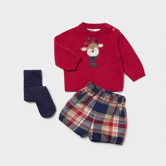 Conjunto 3pz buzo tejido reno, short de cuadros y medias - Mayoral