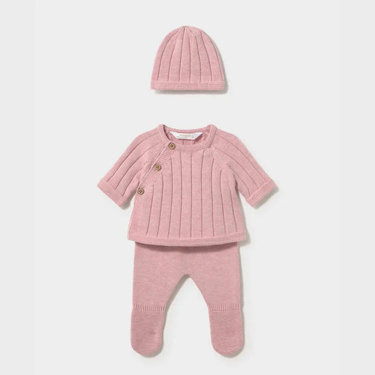 Conjunto tejido 3 piezas buzo, pantalón con pie y gorro rosa baby vigoré para recién nacida - Mayoral