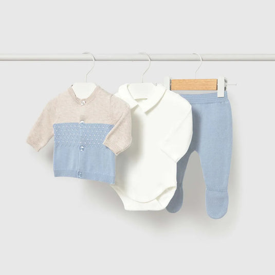 Conjunto 3pz chaqueta tejida, body y pantalón con pie Cielo - Mayoral