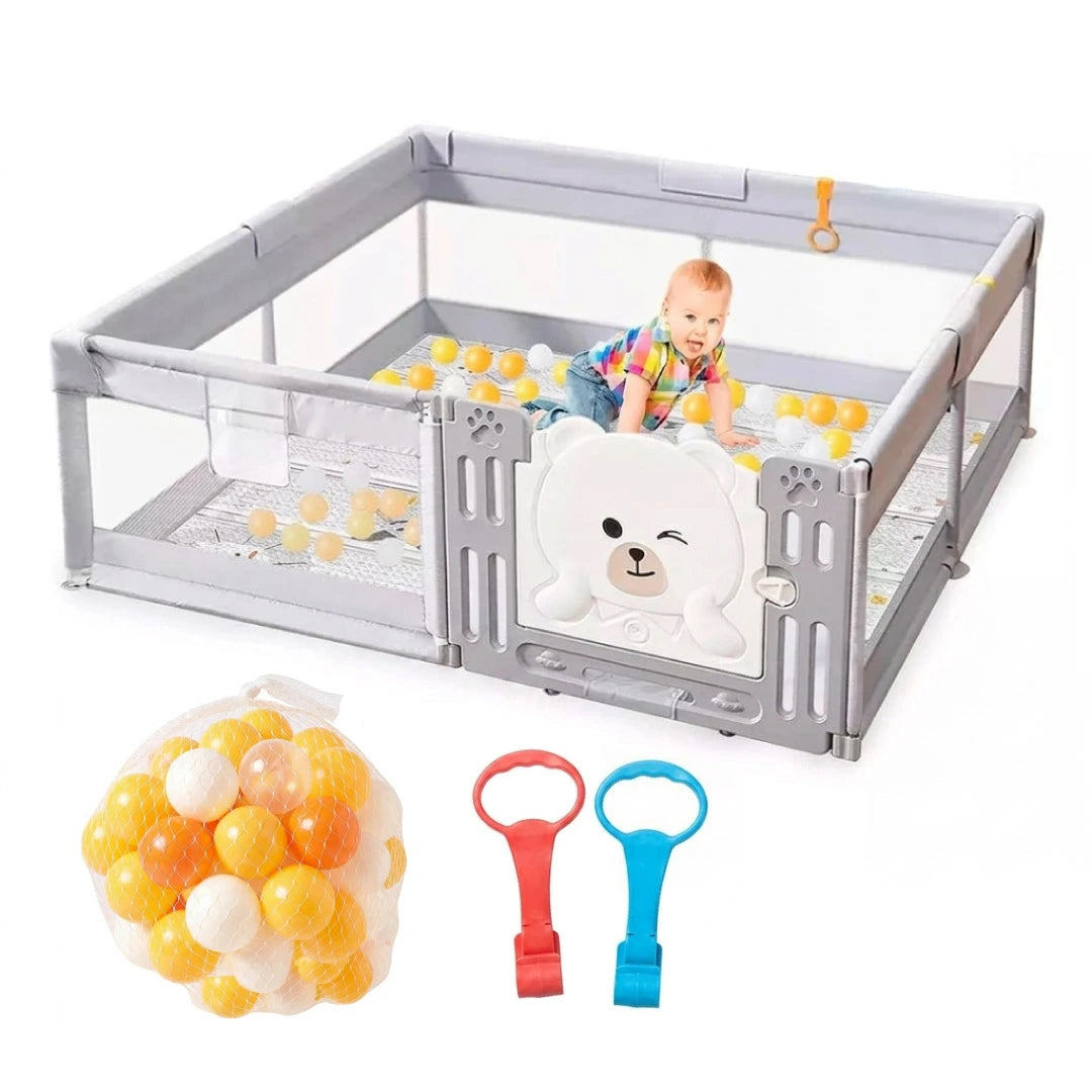 Corral de juegos Osito con puerta y pelotitas, Corral de juegos para bebé con centro de actividades de color gris claro para bebés, con base antideslizante y malla transpirable