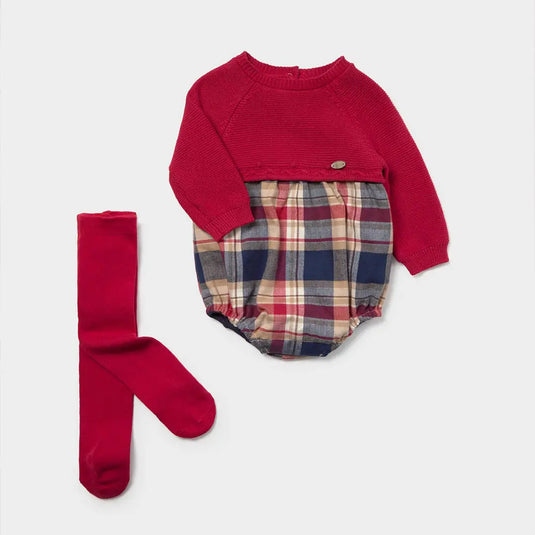 Conjunto 2pz mameluco combinado a cuadros y medias Rojo - Mayoral