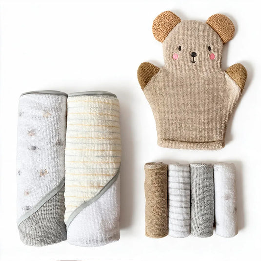 Set de baño para bebé con 2 toallas con capucha, manopla y 4 toallitas, suaves y absorbentes