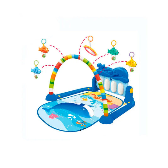 Gimnasio didáctico para bebé con piano y móviles en diseño de océano