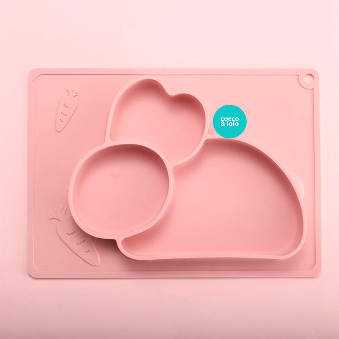 Plato en silicona para etapa de aprendizaje, antideslizante, resistente a microondas, en diseño de conejo
