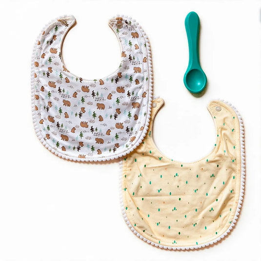 Set de 2 baberos con cuchara para bebé, algodón con bordes de pompones