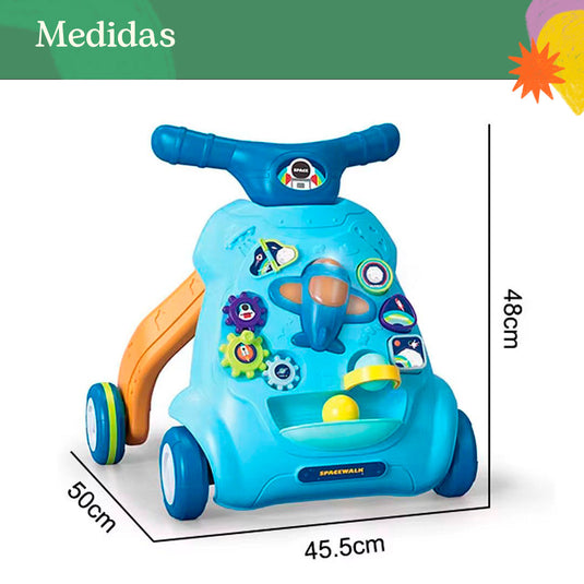 Andadera didáctica con centro de actividades, nave espacial con luces y sonidos, actividades para estimulación del bebé, ruedas ajustables para sus primeros pasos