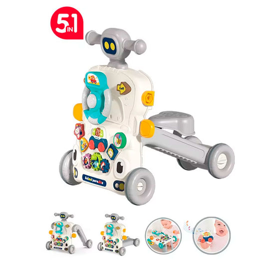 Andadera y centro de actividades multifuncional 5 en 1, ajustable a mesa de actividades, scooter y bicicleta, diversos accesorios con luces y melodías para bebé - Bibi-inn