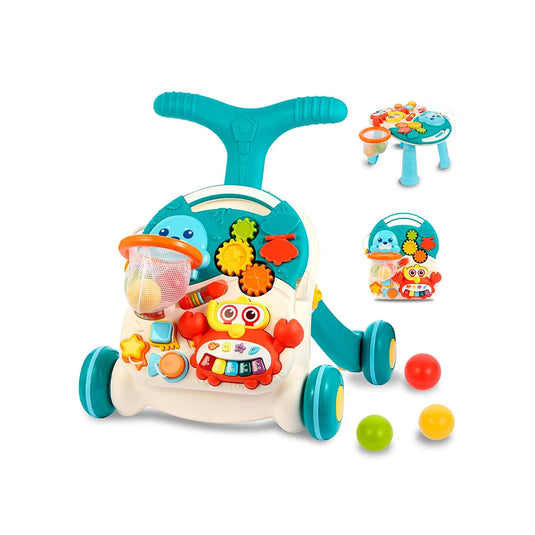 Andadera multifuncional 2 en 1 diseño foca aguamarina, mesa de juego multiactividades que se puede usar independiente, colores, luces y melodías estimulantes, ruedas con giro ajustable, diseño en pirámide para mayor estabilidad - Huanger