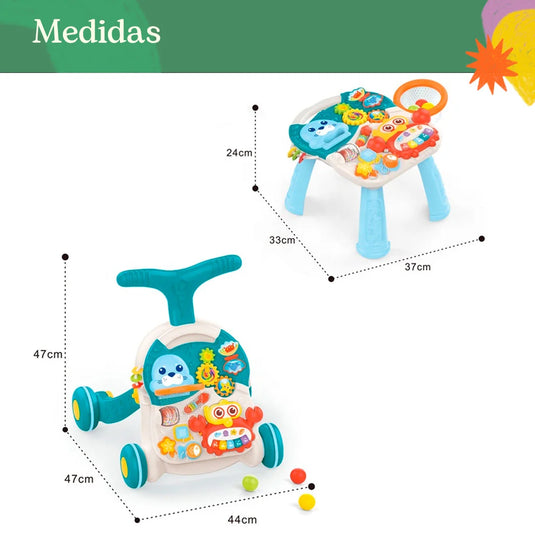 Andadera multifuncional 2 en 1 diseño foca aguamarina, mesa de juego multiactividades que se puede usar independiente, colores, luces y melodías estimulantes, ruedas con giro ajustable, diseño en pirámide para mayor estabilidad - Huanger