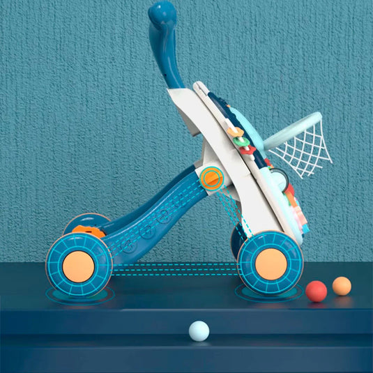 Andadera multifuncional 2 en 1 diseño foca aguamarina, mesa de juego multiactividades que se puede usar independiente, colores, luces y melodías estimulantes, ruedas con giro ajustable, diseño en pirámide para mayor estabilidad - Huanger