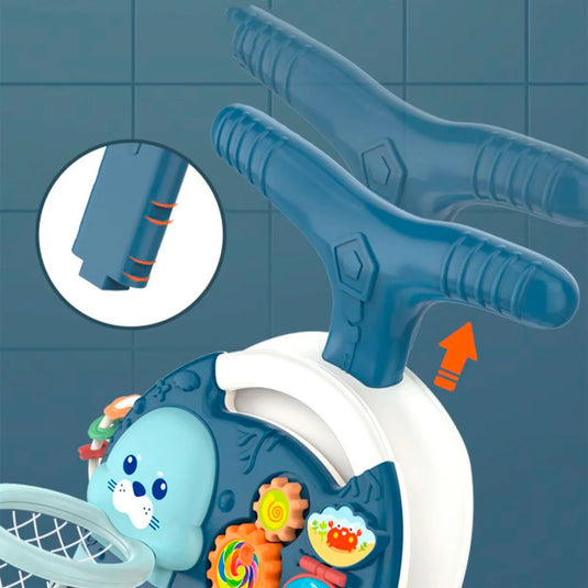 Andadera multifuncional 2 en 1 diseño foca aguamarina, mesa de juego multiactividades que se puede usar independiente, colores, luces y melodías estimulantes, ruedas con giro ajustable, diseño en pirámide para mayor estabilidad - Huanger