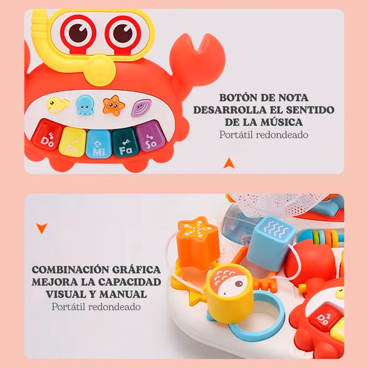 Andadera multifuncional 2 en 1 diseño foca aguamarina, mesa de juego multiactividades que se puede usar independiente, colores, luces y melodías estimulantes, ruedas con giro ajustable, diseño en pirámide para mayor estabilidad - Huanger