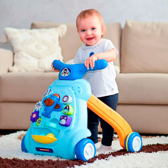 Andadera didáctica con centro de actividades, nave espacial con luces y sonidos, actividades para estimulación del bebé, ruedas ajustables para sus primeros pasos