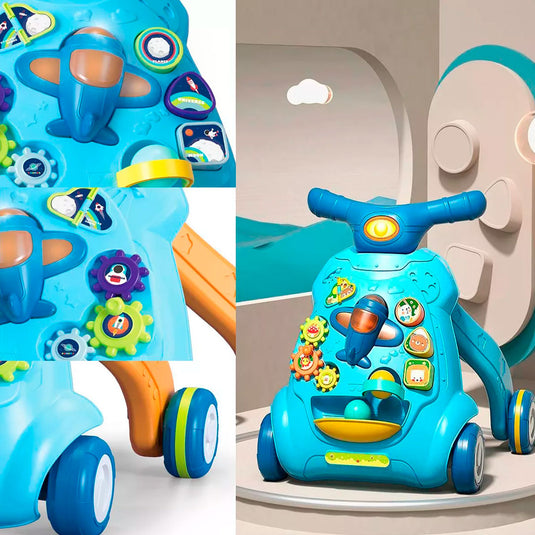 Andadera didáctica con centro de actividades, nave espacial con luces y sonidos, actividades para estimulación del bebé, ruedas ajustables para sus primeros pasos
