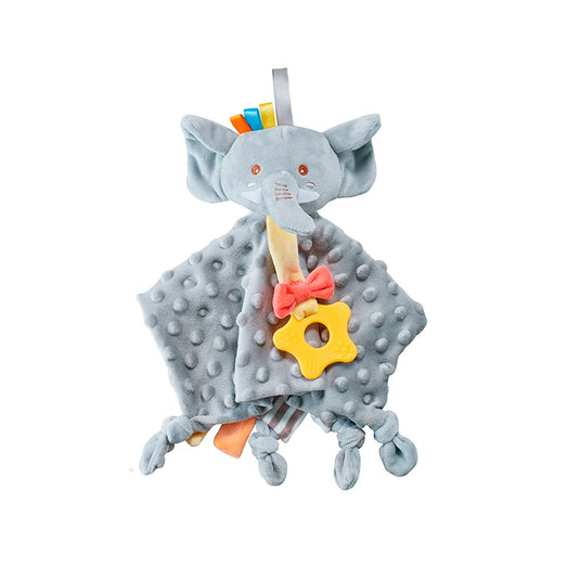 Apego Elefante gris con cascabel y rascaencias, hecho en material suave e hipoalergénico, con rascaencias en silicona suave de grado alimenticio 100% libre de BPA