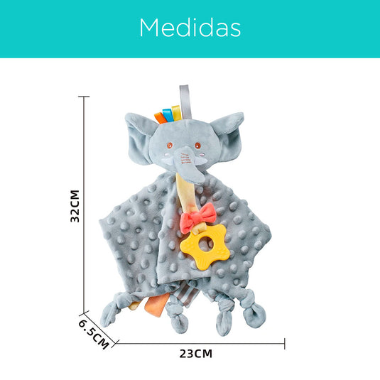 Apego Elefante gris con cascabel y rascaencias, hecho en material suave e hipoalergénico, con rascaencias en silicona suave de grado alimenticio 100% libre de BPA