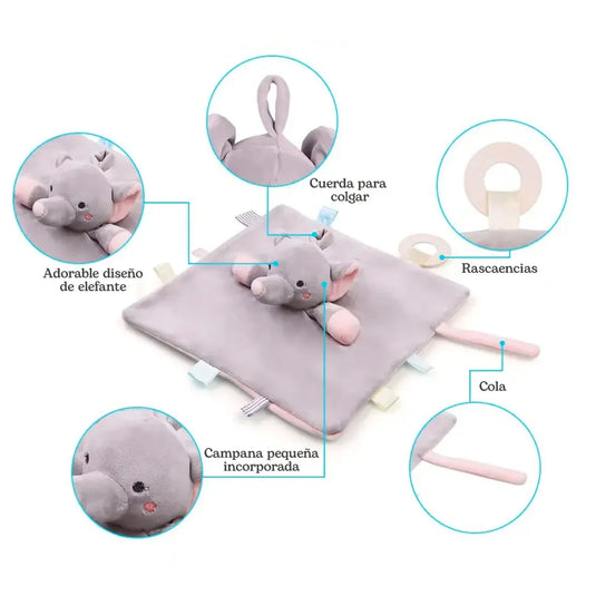 Apego Elefante Gris de peluche con cascabel y rascaencias