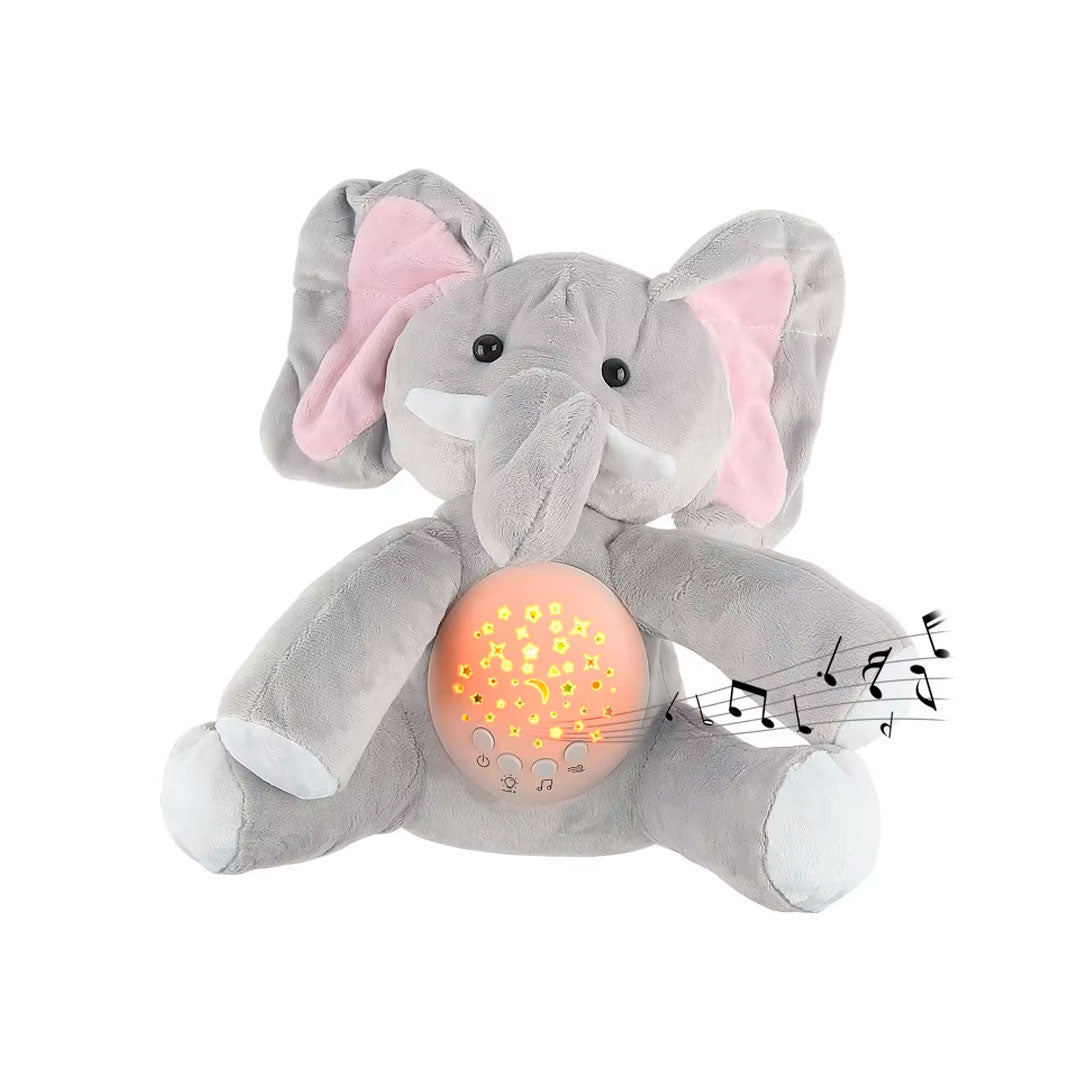 Peluche compañero de sueño con proyección y música, diseño adorable de elefante, con melodías relajantes y ruido blanco, fácil de limpiar, acompañante con luz nocturna