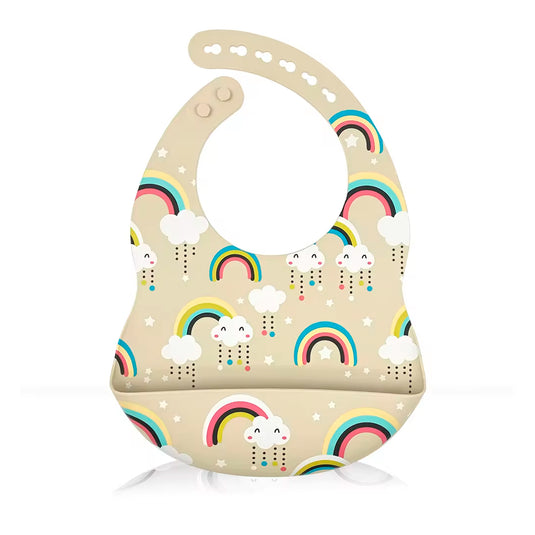 Babero recolector ajustable en silicona, grado alimenticio libre de BPA, con diseño estampado