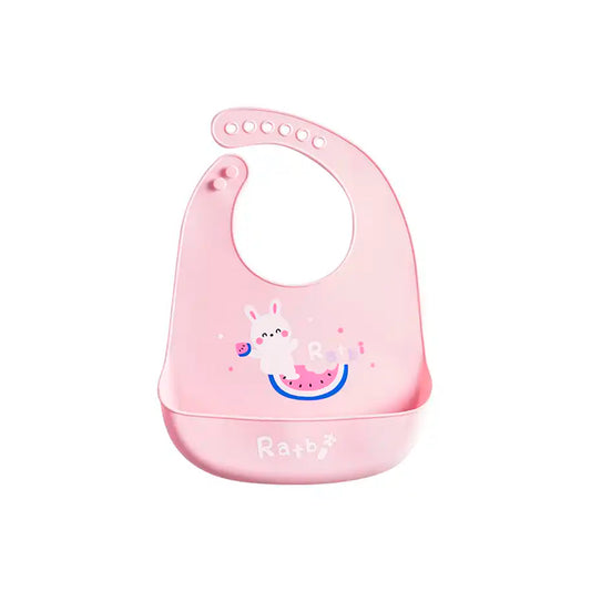 Babero en silicona ajustable, libre de BPA en diseño de animales Rosa / Sandia - Conejo