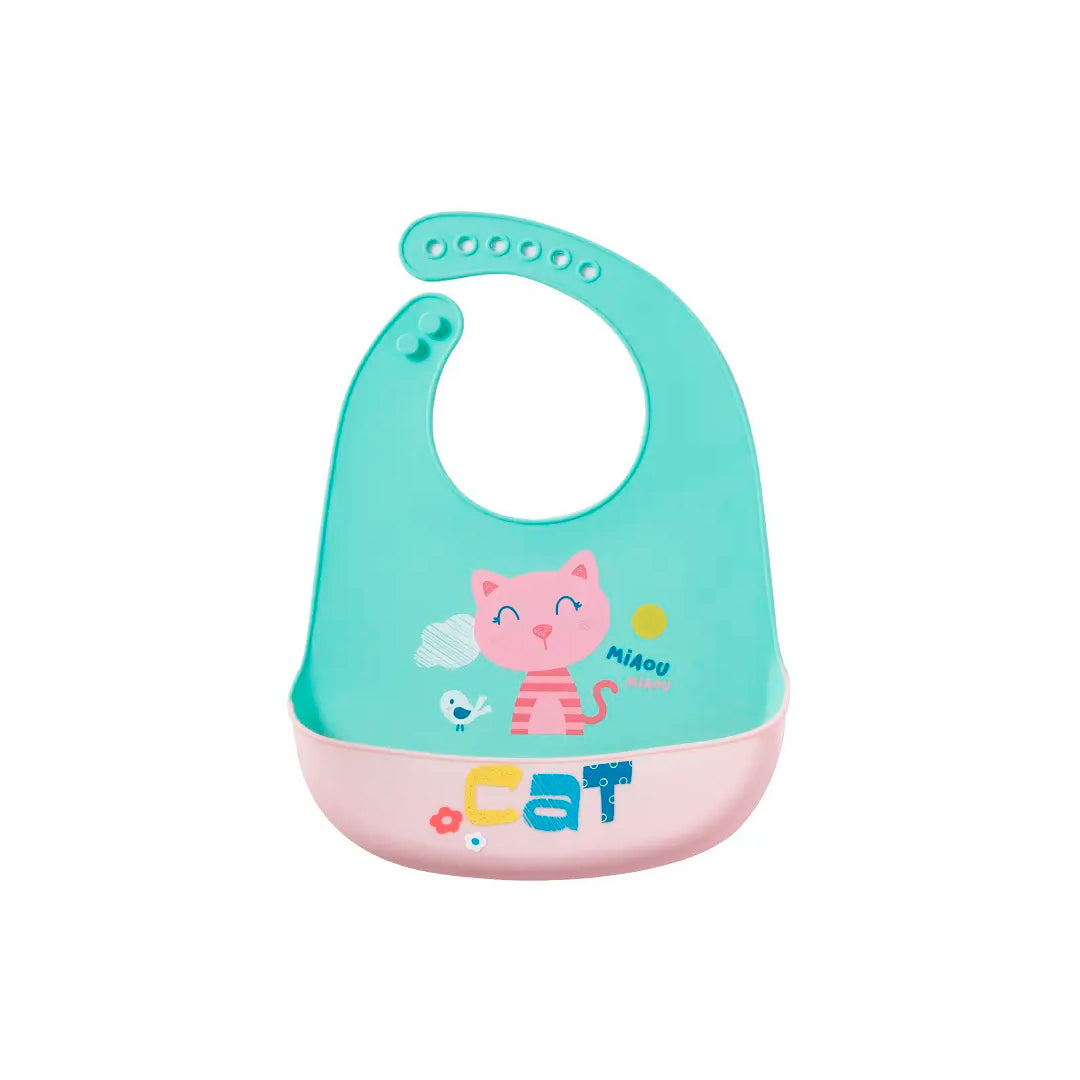 Babero en silicona ajustable, libre de BPA en diseño de animales Verde / Rosa - Gato