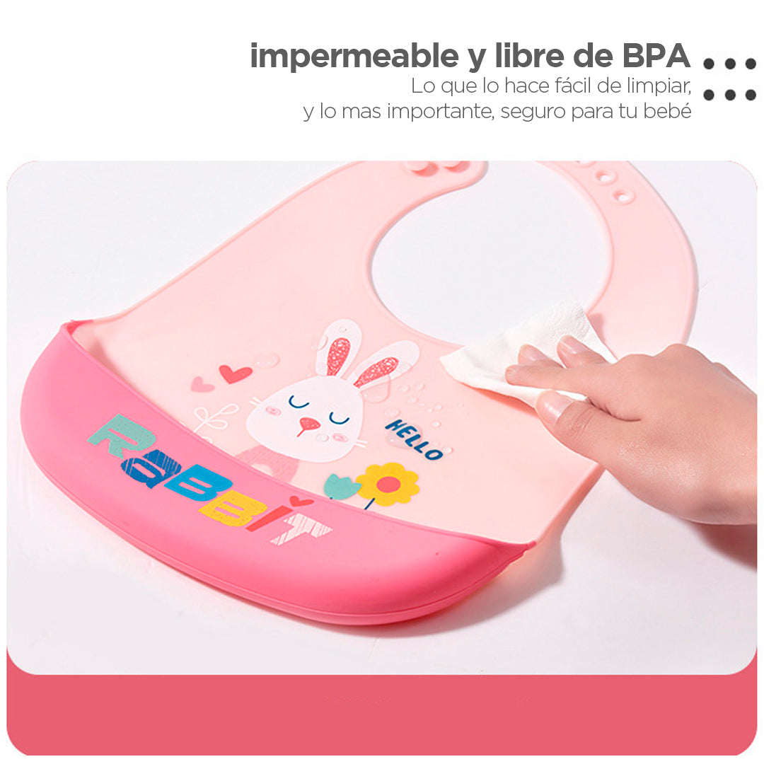 Babero en silicona ajustable, libre de BPA en diseño de animales