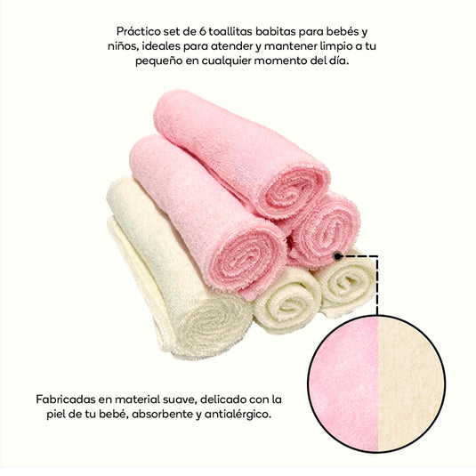 Set x6 babitas multicolor para bebé, toallitas de tamaño compacto para llevar a todos lados, hecho en material suave, absorbente y antialérgico para cuidar la piel del bebé - Nubba