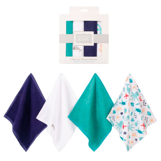Set en caja de babitas en algodón x4 unidades, paquete de toallitas de diferentes colores y diseños para bebés, hechas en material suave y absorbente, de tamaño ideal para llevar a todos lados - Hudson Baby