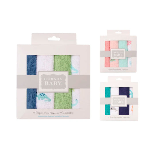 Set en caja de babitas en algodón x4 unidades, paquete de toallitas de diferentes colores y diseños para bebés, hechas en material suave y absorbente, de tamaño ideal para llevar a todos lados - Hudson Baby