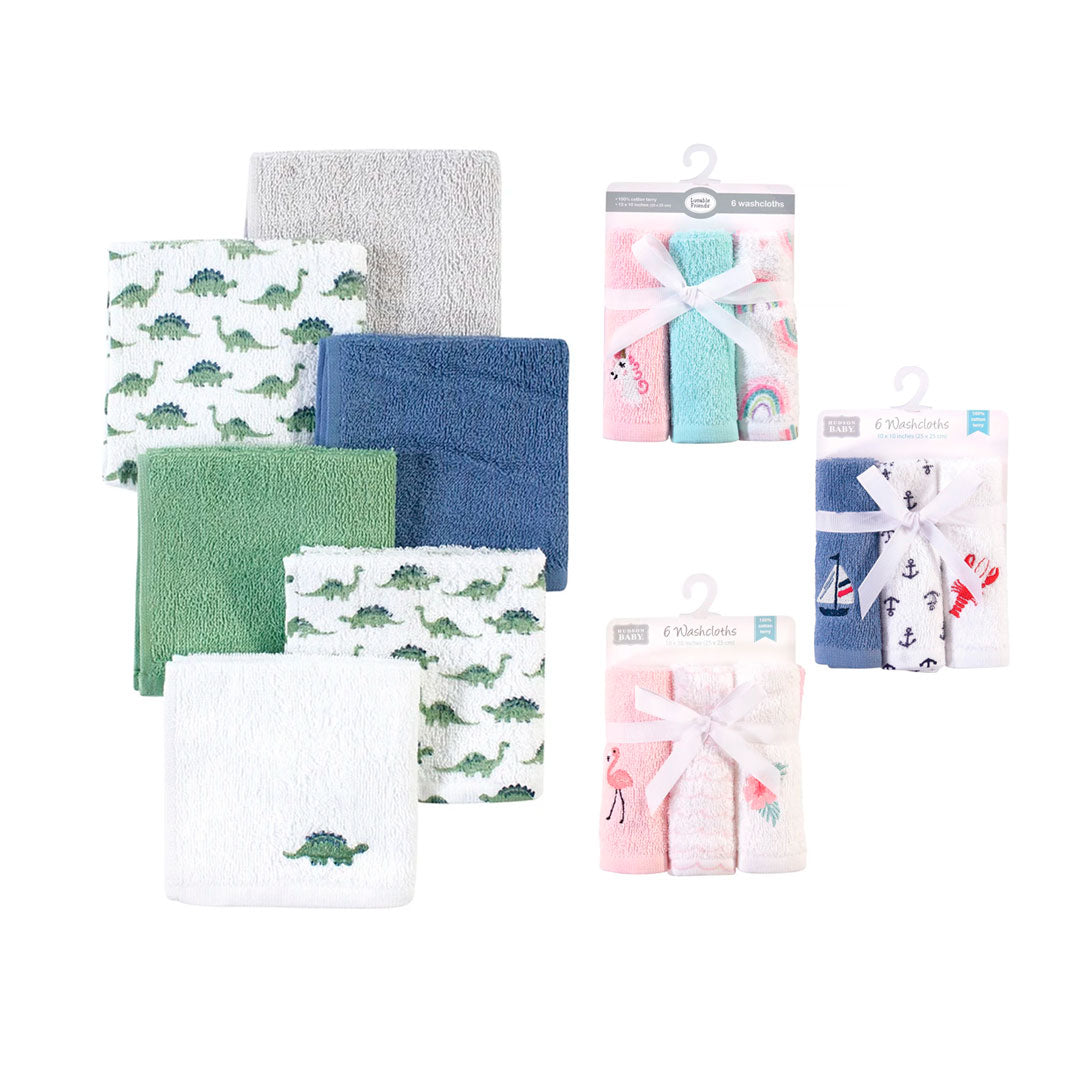 Paquete de babitas x6 unidades para bebé, set de toallitas con diferentes diseños, hechas de algodón suave y absorbente, de tamaño ideal para llevar a todos lados - Hudson Baby