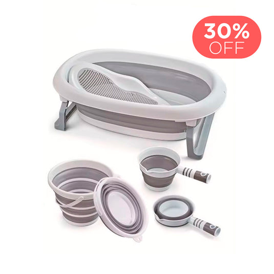 Bañera en set 4en1 con soporte, balde y regadera, con sistema de plegado compacto fácil de guardar cuando no se usa, hechos en materiales resistentes, con tapón de desagüe - Toimoys