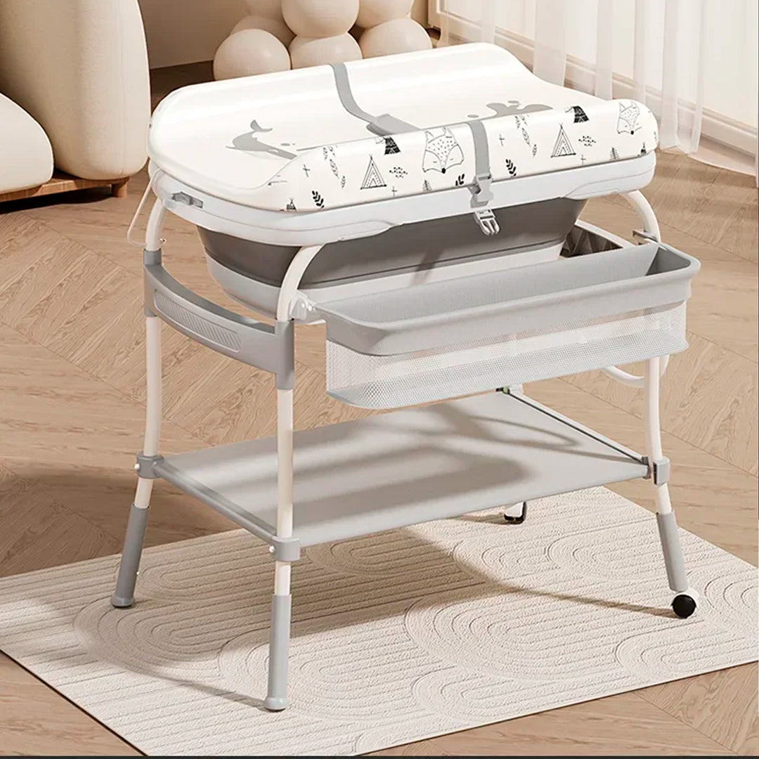 Bañera con soporte estable de cuatro puntos para recién nacido, con organizador, cambiador y base de almacenamiento