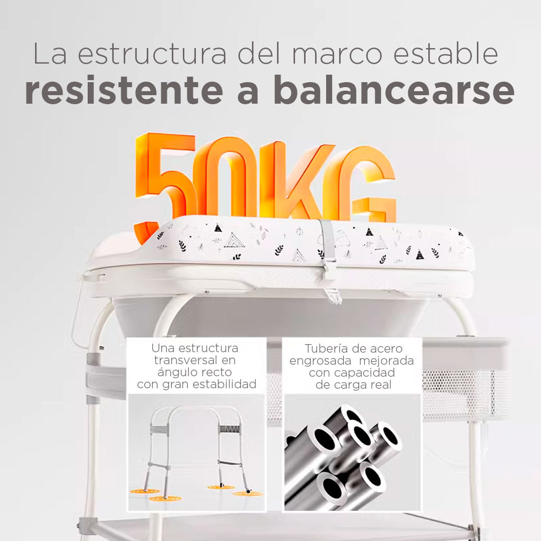 Bañera con soporte y cambiador para bebé, con puntos de soporte estable, almacenamiento para tener lo necesario a la mano, ruedas con bloqueo para facilitar el traslado y asegurar su estabilidad - Toimoys