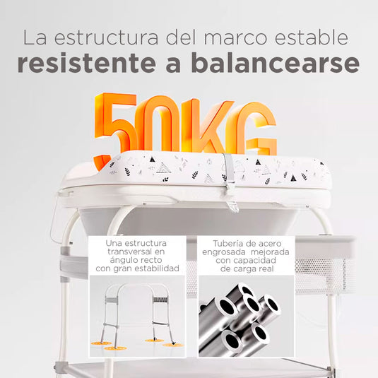 Bañera con soporte y cambiador para bebé, con puntos de soporte estable, almacenamiento para tener lo necesario a la mano, ruedas con bloqueo para facilitar el traslado y asegurar su estabilidad - Toimoys