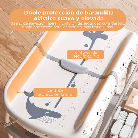 Bañera con soporte y cambiador para bebé, con puntos de soporte estable, almacenamiento para tener lo necesario a la mano, ruedas con bloqueo para facilitar el traslado y asegurar su estabilidad - Toimoys