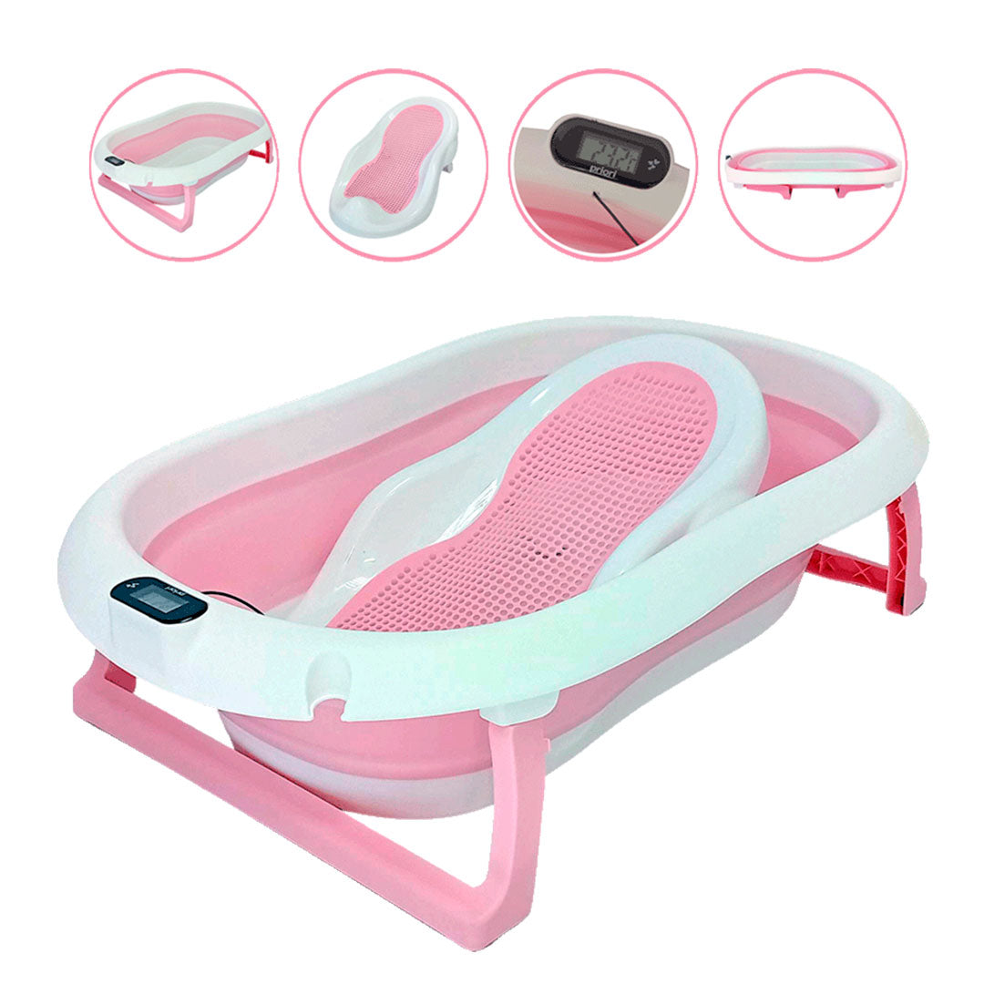 Bañera plegable Ocean para bebé con soporte, con base antideslizante, tapón de desagüe, soporte rígido y termómetro incluido - Priori