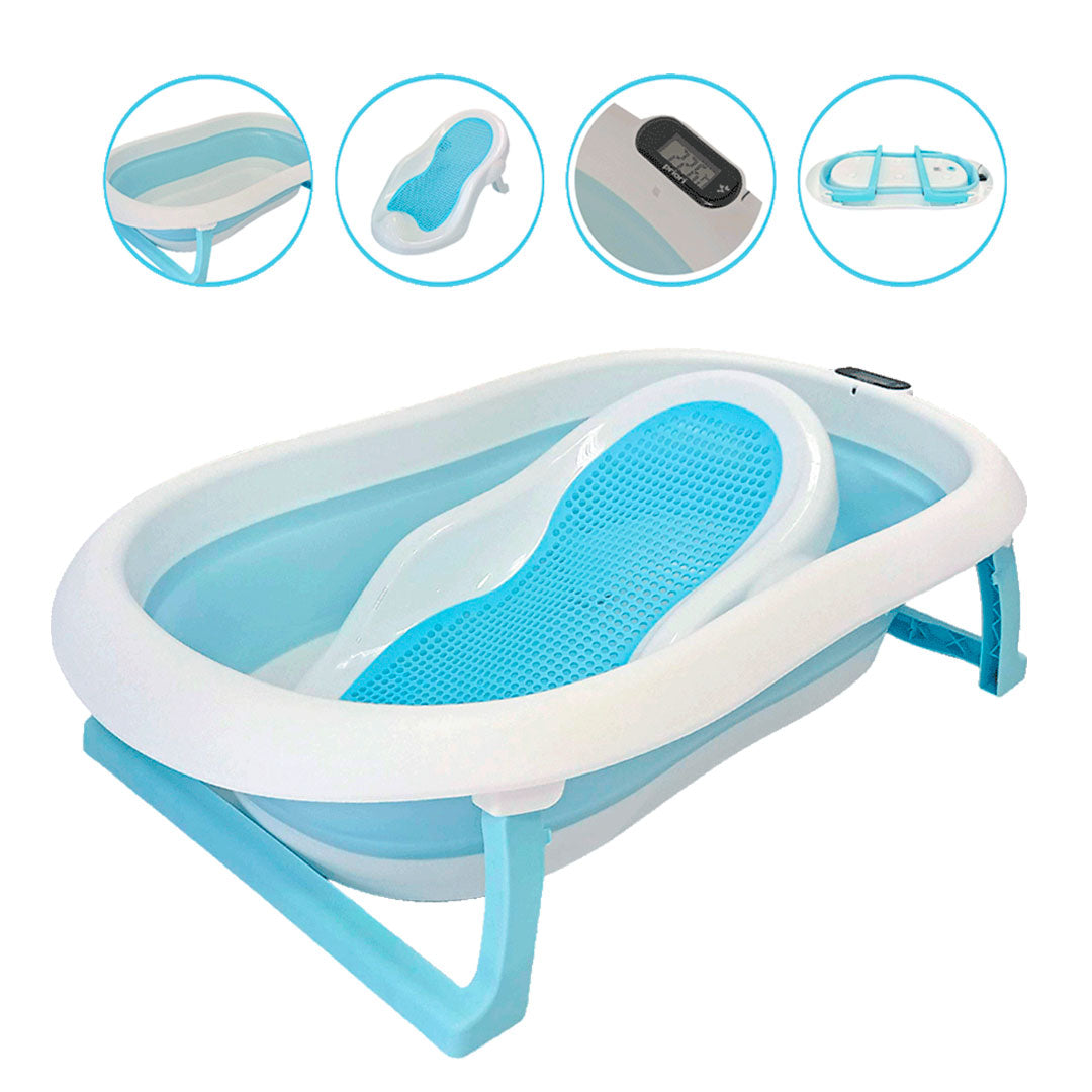 Bañera plegable Ocean para bebé con soporte, con base antideslizante, tapón de desagüe, soporte rígido y termómetro incluido - Priori