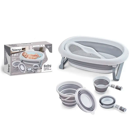 Bañera en set 4en1 con soporte, balde y regadera, con sistema de plegado compacto fácil de guardar cuando no se usa, hechos en materiales resistentes, con tapón de desagüe - Toimoys