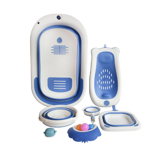 Combo de bañera plegable con accesorios para bebé, soporte para jabón, balde, regadera y gorro para el baño, plegado compacto para facilitar su guardado, con soporte para el bebé, juguetes de bañera incluidos - Micobabys