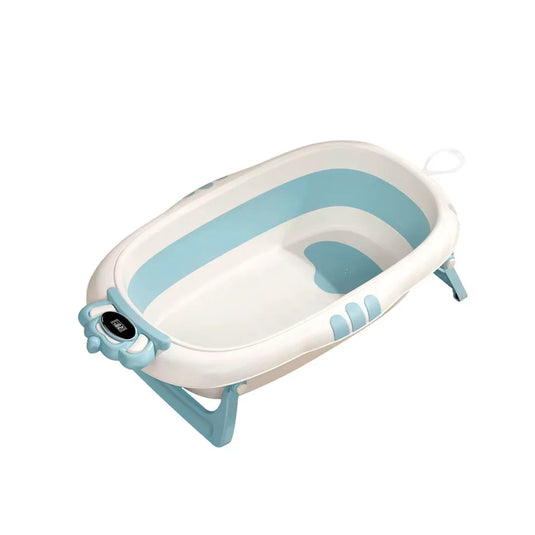 Bañera plegable con corona termómetro para bebé, tina espaciosa para la hora del baño, con antideslizante dentro, de plegado compacto en 2 pasos para guardar en espacios reducidos